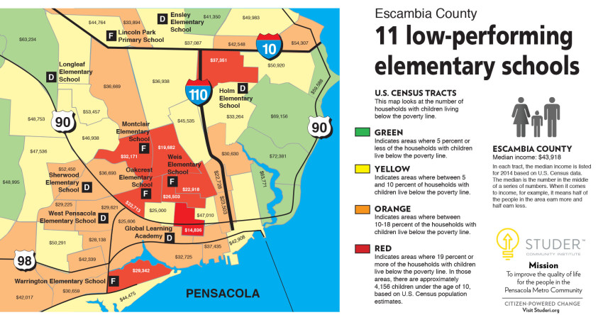 A map of the elementary schools graded D or F according to the Florida Standards Assessment. Credit: Ron Stallcup.