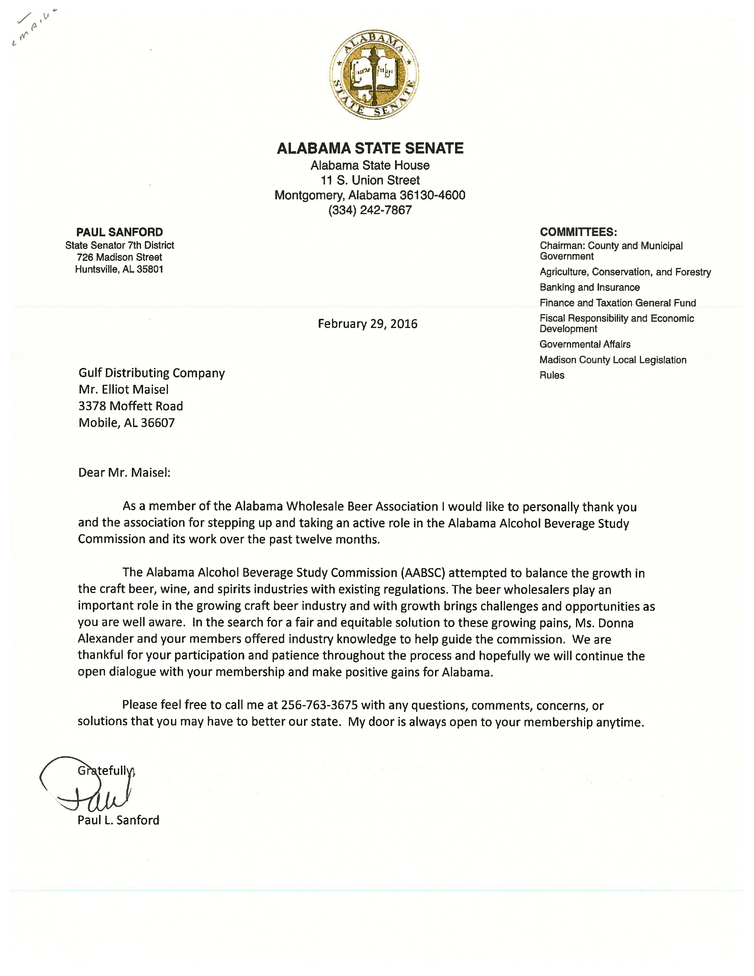 Special thanks from the Alabama State Senate 