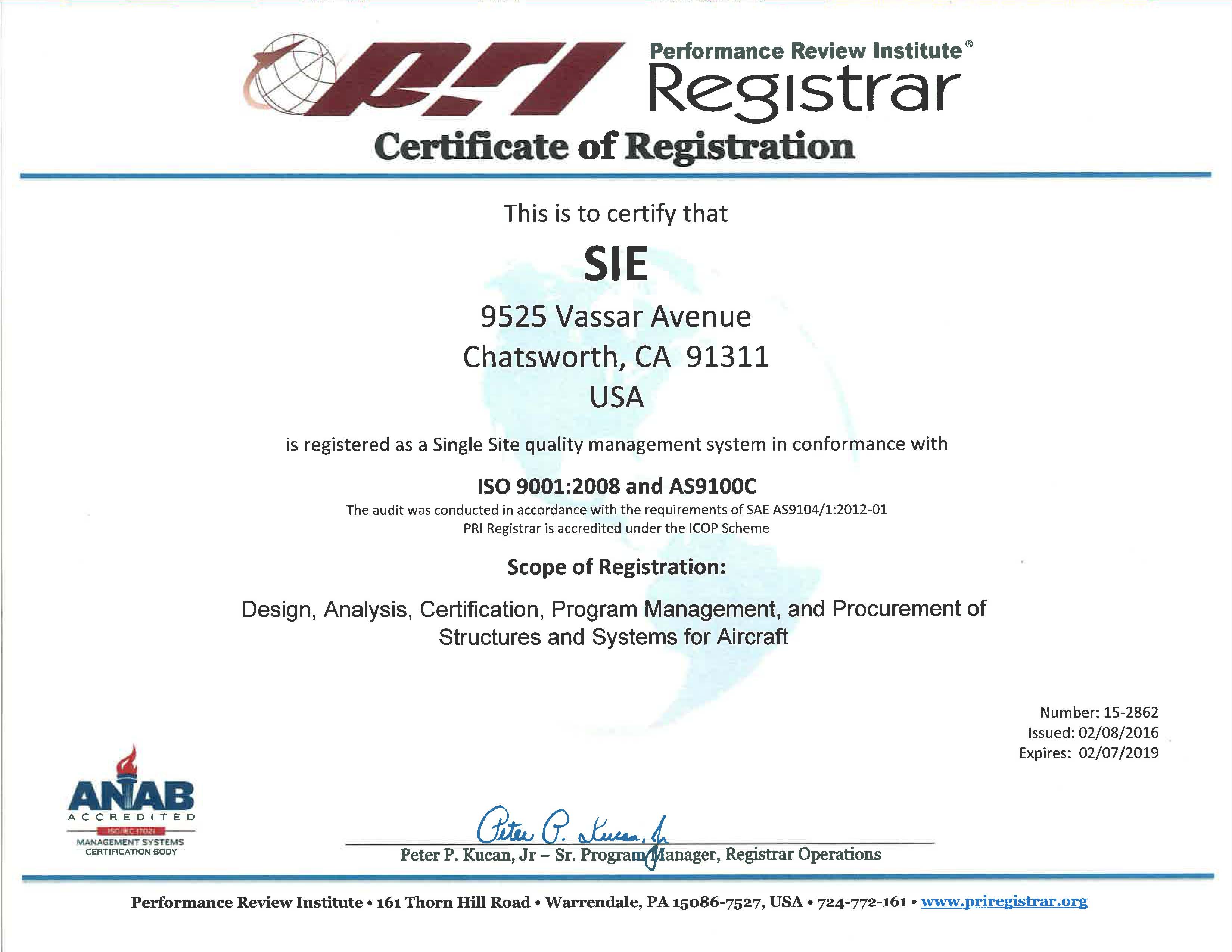 Image of image of the AS9100 Certificate