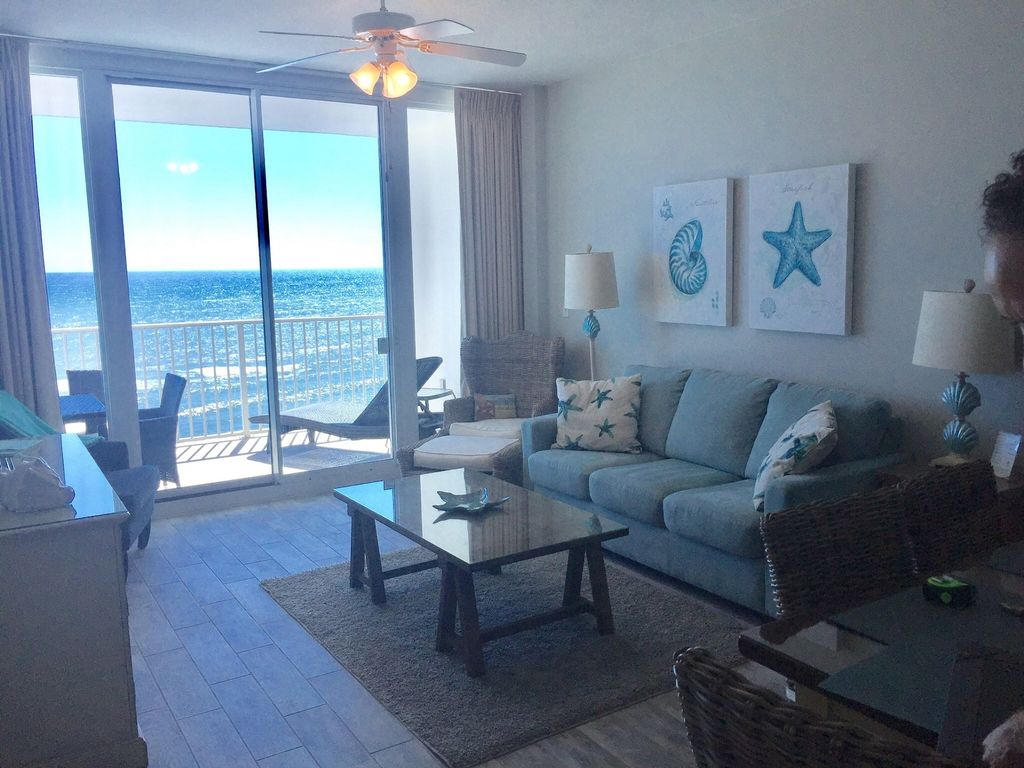 View of Living Room that opens to Gulf Front Balcony