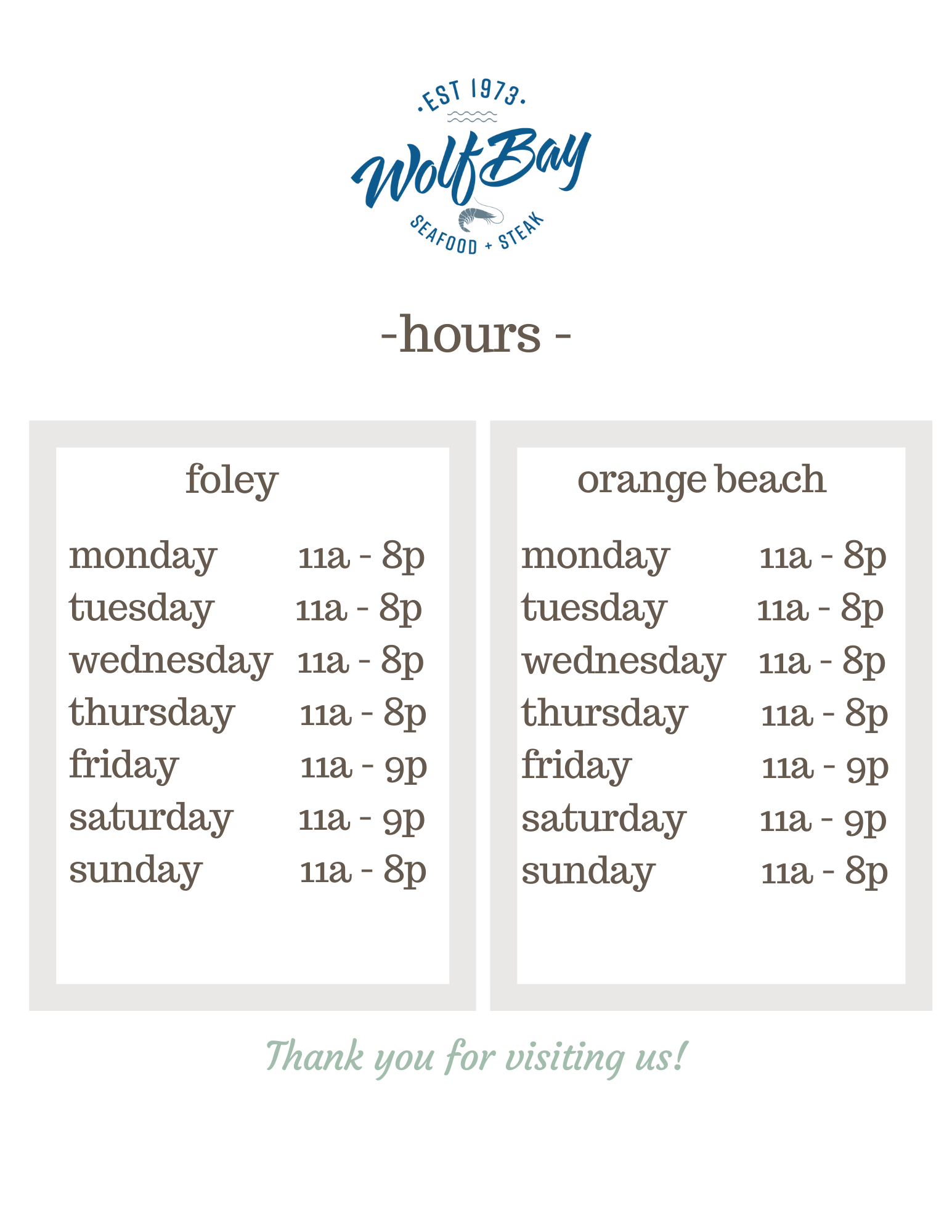 Fall / Winter Hours at Wolf Bay