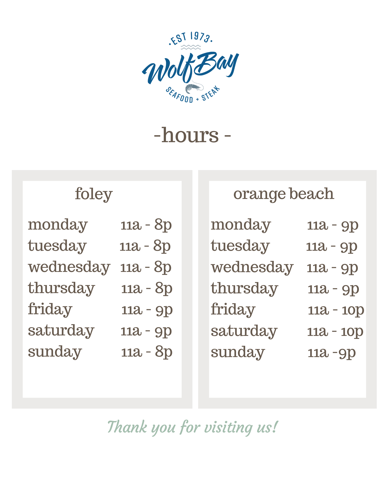 Fall & Winter Hours for Wolf Bay
