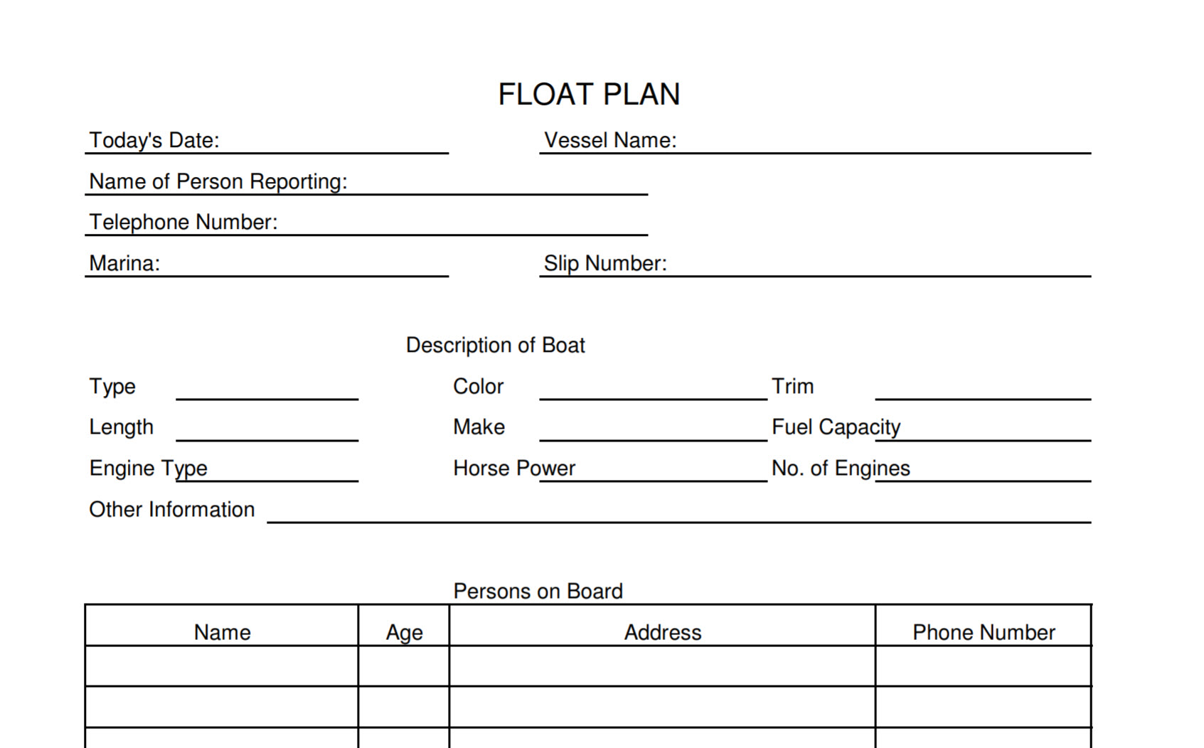 screenshot of blank float plan form