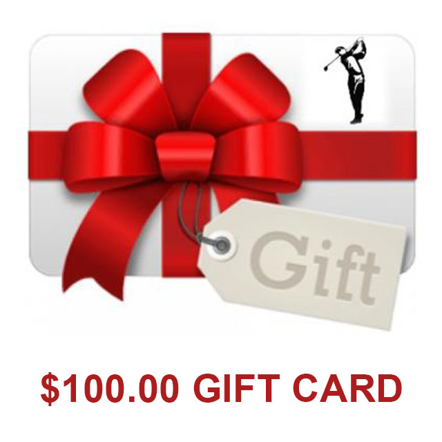 present with red bow, gift tag and a stamp of a golfer swinging club