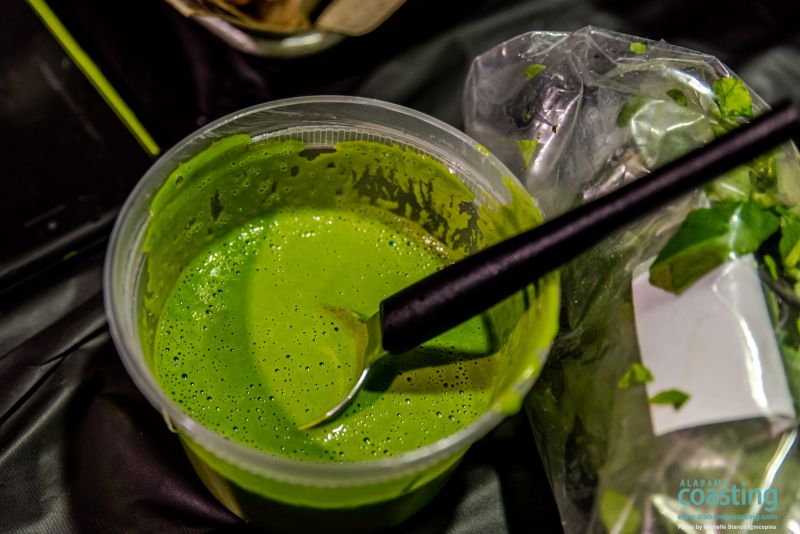 close-up of green liquid food dish or sauce