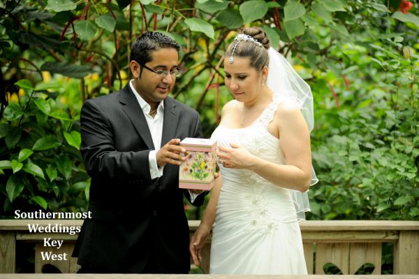 Wedding couple release butterflies after their wedding at the Key West Butterfly Museum
