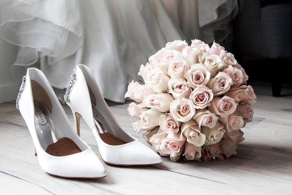 White Wedding Shoes and Bouquet