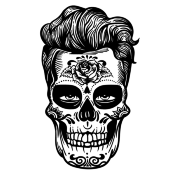 image of human skull with pretty design and flower decor and pompador hair do