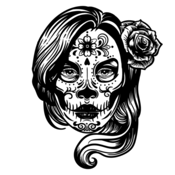 image of human skull with pretty design and flower decor with woman's hair do and rose in the hair