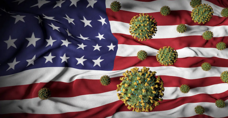 Image of American Flag surrounded by COVID Virus