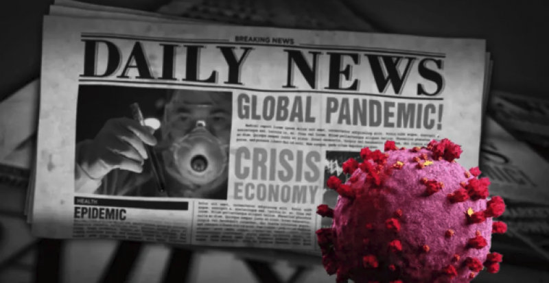 Thumbnail from America Out Loud Article with Daily News Global Pandemic newspaper and image depicting a virus